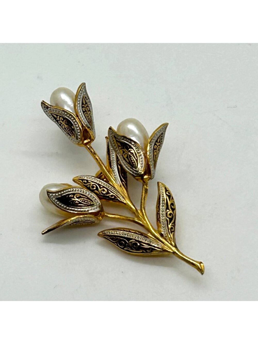 Vintage Damascene Tulip Pearl Brooch Pin Gold Tone Textured Floral Bouquet Spain
